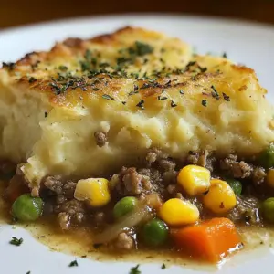 Delicious beef pot pie casserole fresh out of the oven garnished with herbs.