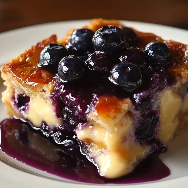 Blueberry sausage pancake bake fresh out of the oven, topped with blueberries