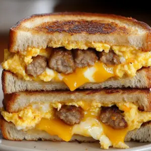 Delicious breakfast grilled cheese sandwich with eggs and golden melted cheese.