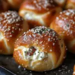 Homemade breakfast stuffed pretzel rolls filled with cheese and herbs