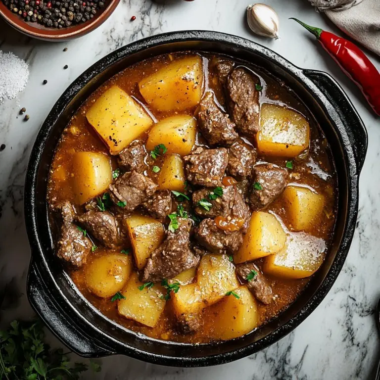 Delicious Carne con Papas dish with meat and potatoes served in a bowl.