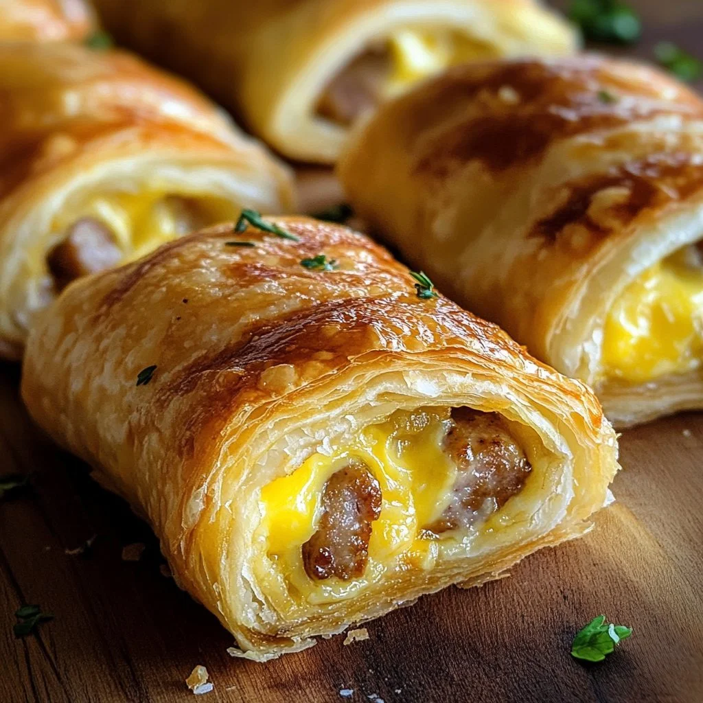 Cheesy breakfast sausage egg rollups served on a plate with dipping sauce.