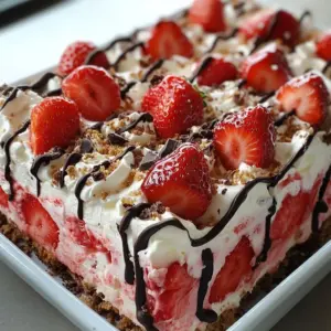 Delicious Chocolate Strawberry Poke Cake topped with fresh strawberries and chocolate drizzle.