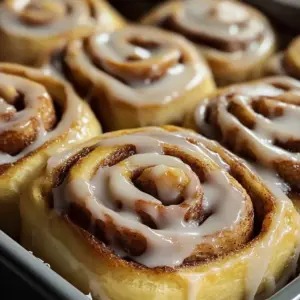 Delicious homemade cinnamon rolls with icing and a sprinkle of cinnamon