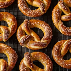 Freshly baked cinnamon sugar pretzels dusted with cinnamon and sugar.