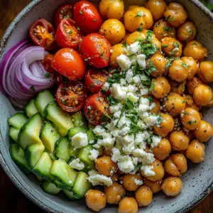 Colorful chickpea salad with feta cheese and avocado in a bowl
