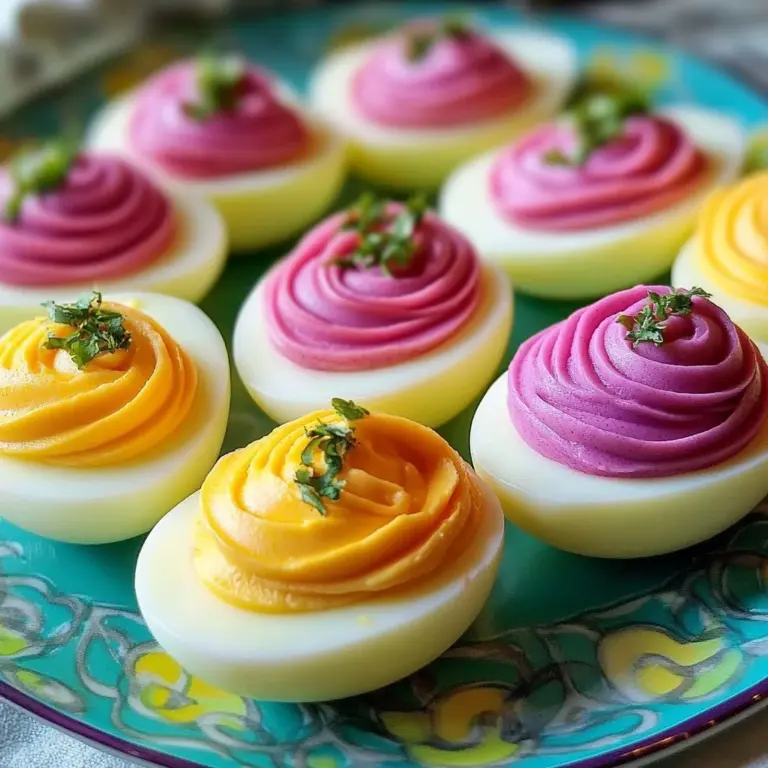 Plate of colorful deviled eggs garnished with herbs and spices
