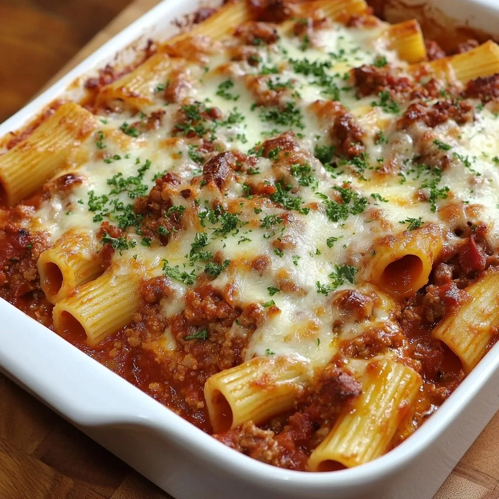 Creamy baked rigatoni casserole topped with cheese and fresh herbs