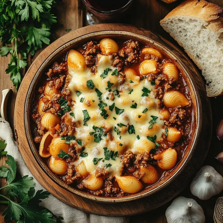Creamy beef and shells pasta dish topped with herbs and cheese