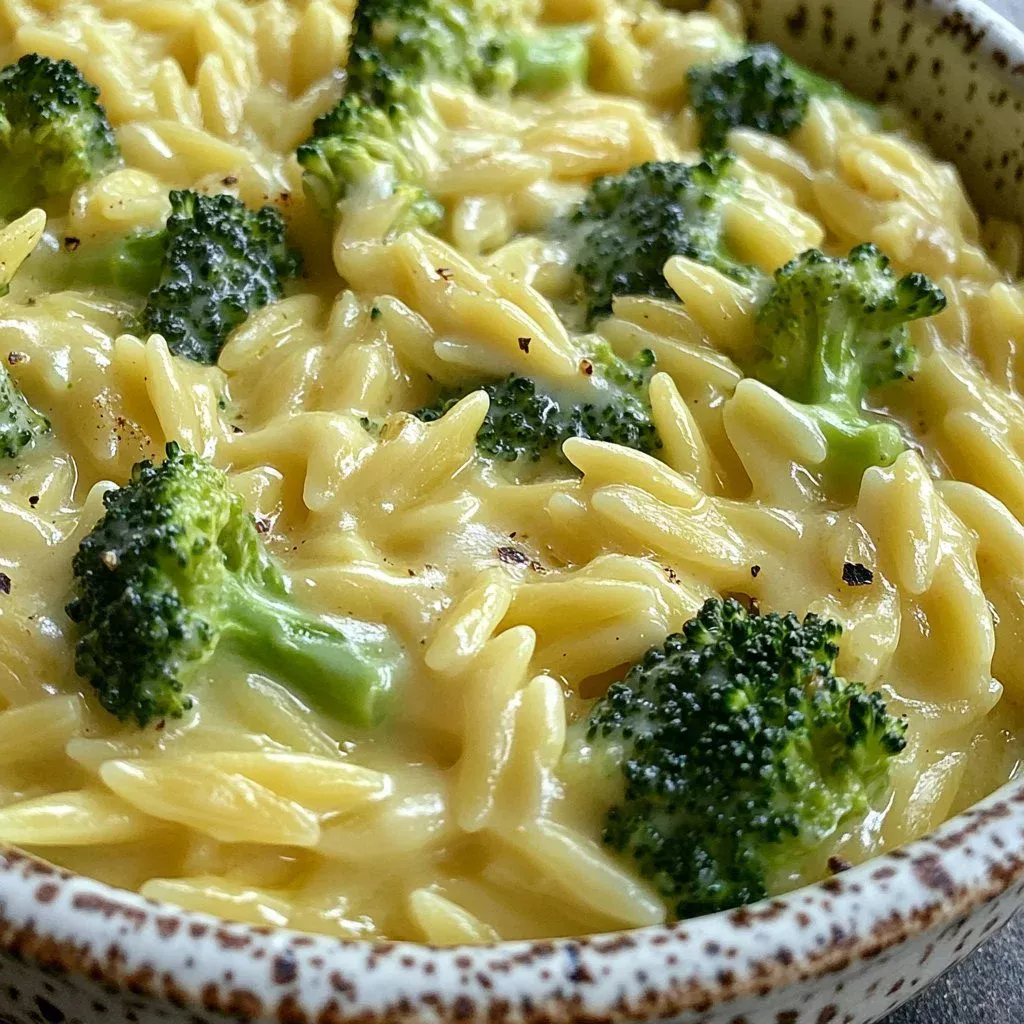 Creamy broccoli cheddar orzo dish served in a bowl, garnished with fresh herbs.