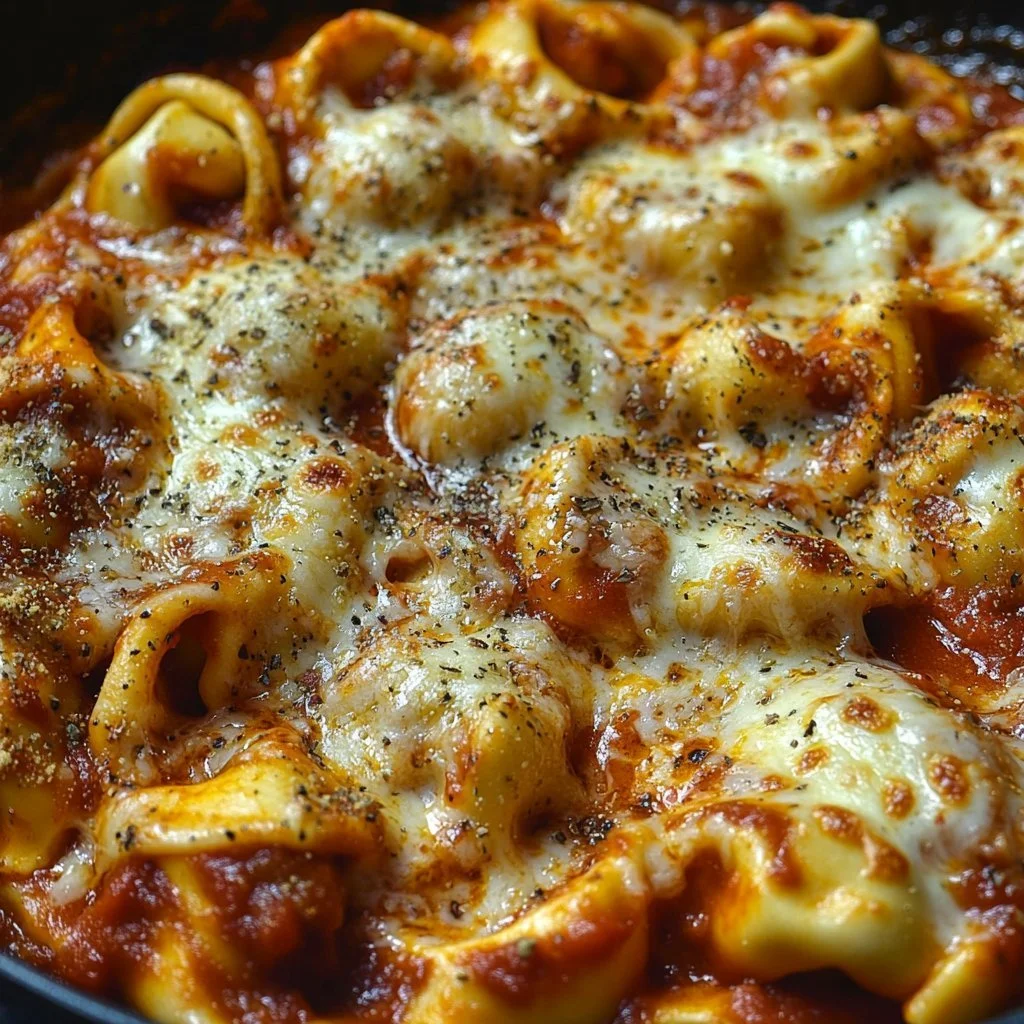 Creamy Chicken Parmesan Tortellini garnished with herbs and cheese