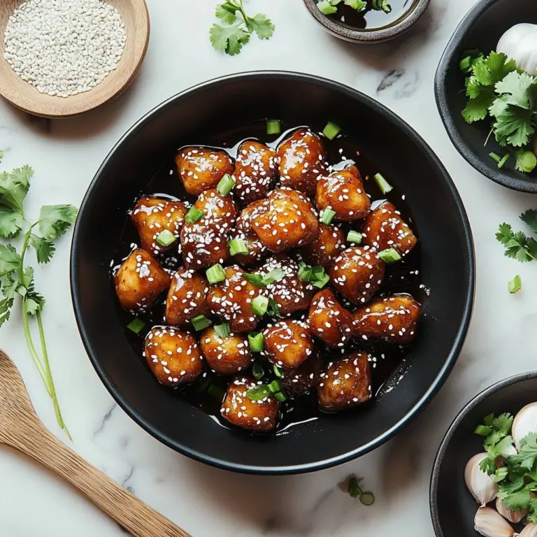Crispy honey garlic chicken garnished with sesame seeds and green onions.