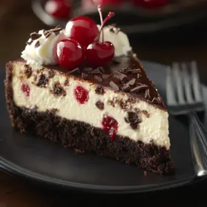 Decadent Black Forest Cheesecake topped with cherries and chocolate shavings.