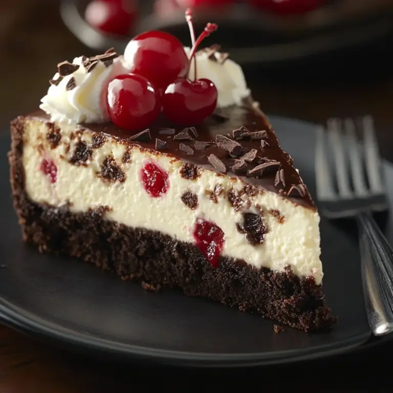 Decadent Black Forest Cheesecake topped with cherries and chocolate shavings.