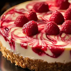 Elegant white raspberry swirl cheesecake topped with fresh raspberries