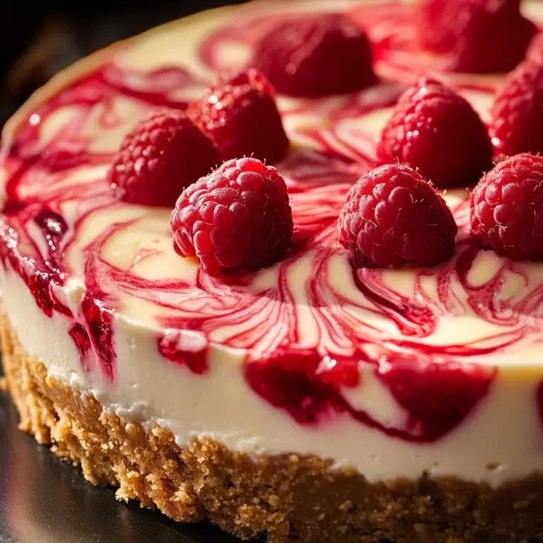 Elegant white raspberry swirl cheesecake topped with fresh raspberries