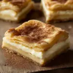 Flaky cinnamon cheesecake squares topped with cinnamon sugar and served on a plate.