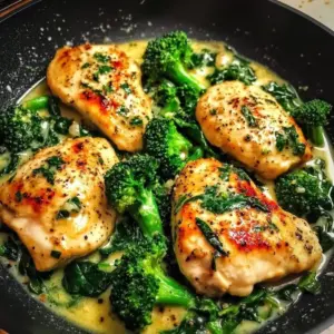 Plate of golden garlic chicken with broccoli and herbs