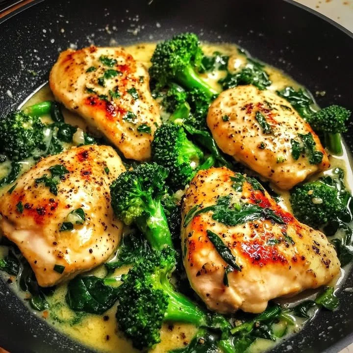 Plate of golden garlic chicken with broccoli and herbs