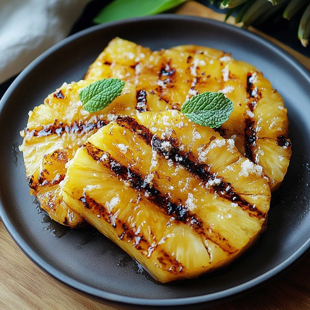 Delicious grilled pineapple slices topped with caramelized sugar.