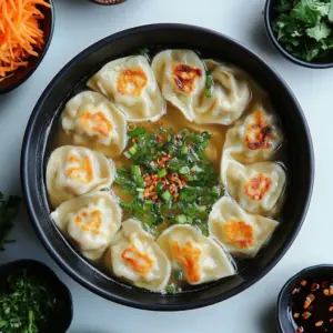 A bowl of Gyoza Miso Soup filled with dumplings and miso broth garnished with green onions.