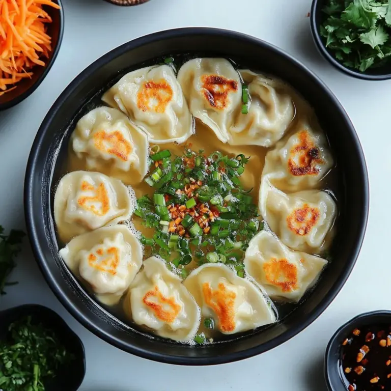 A bowl of Gyoza Miso Soup filled with dumplings and miso broth garnished with green onions.
