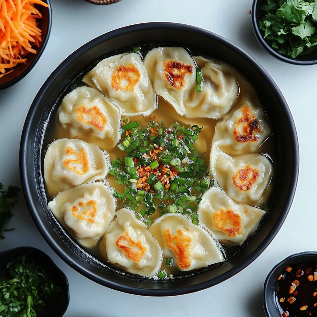 A bowl of Gyoza Miso Soup filled with dumplings and miso broth garnished with green onions.