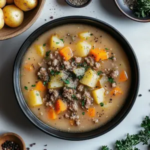 Delicious Hamburger Potato Soup prepared in a crock pot, served in a bowl.