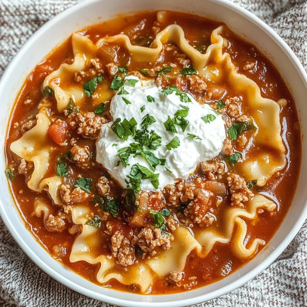Bowl of delicious Lasagna Soup with cheese and herbs
