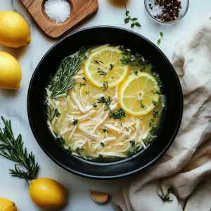 Bowl of Lemon Ginger Turmeric Chicken Rice Soup with fresh herbs