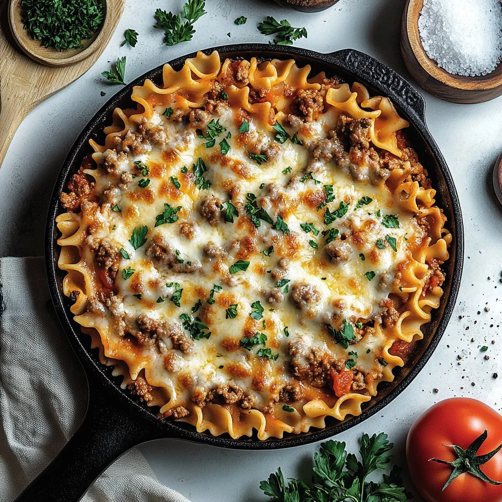 Lombardi Beef Bake ready to serve with melty cheese and savory toppings