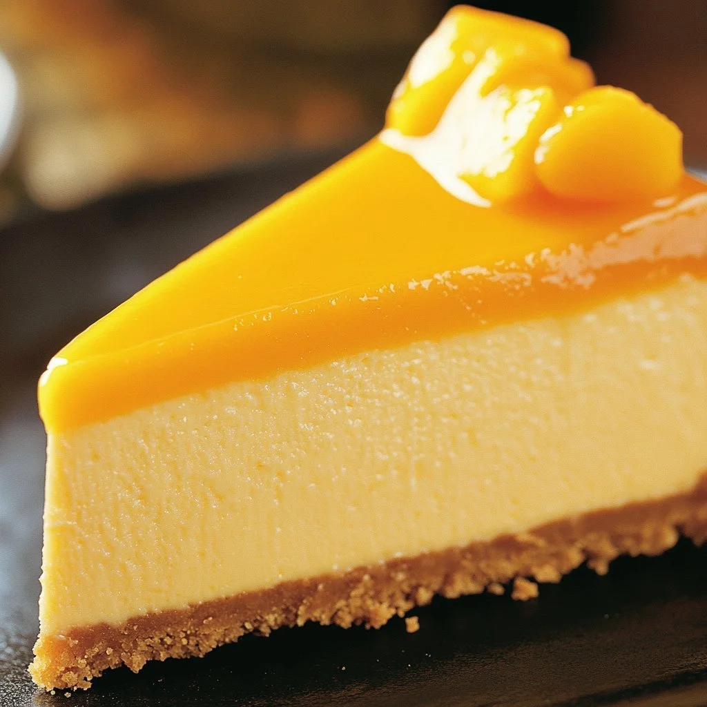 Delicious Mango Cheesecake topped with fresh mango slices and a creamy filling
