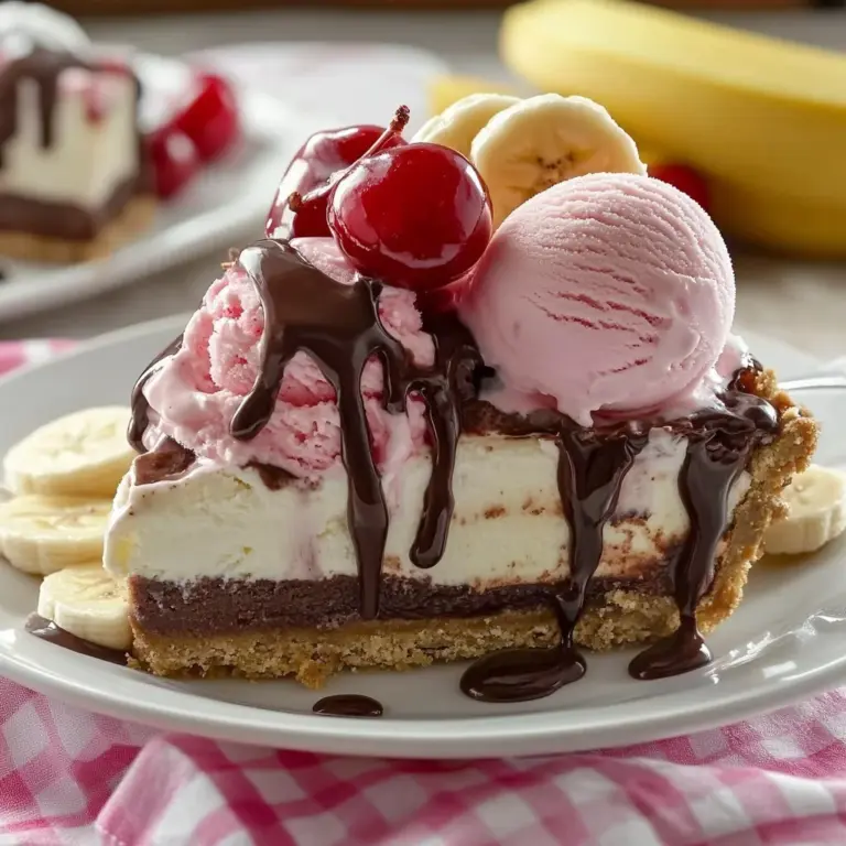 Delicious no-bake banana split pie decorated with whipped cream and cherries