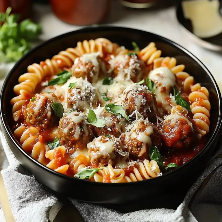 Delicious meatball casserole loaded with cheese and pasta in a single dish