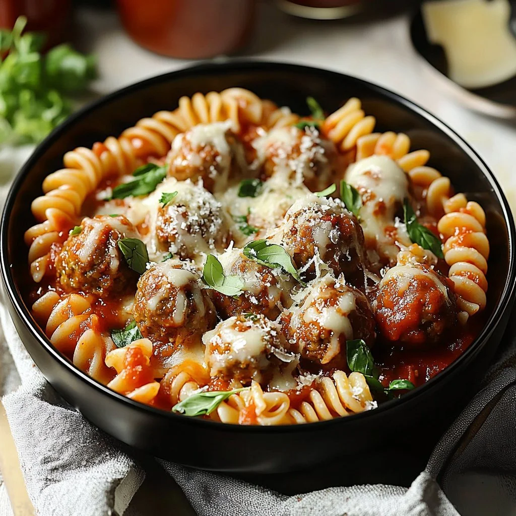 Delicious meatball casserole loaded with cheese and pasta in a single dish
