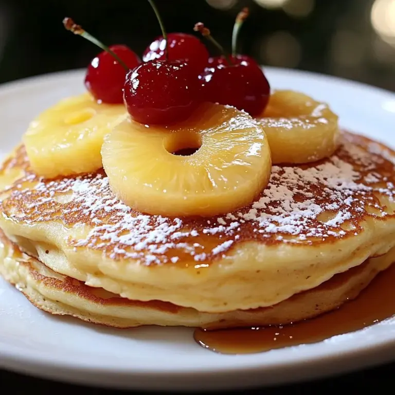 Delicious Pineapple Upside Down Pancake served with syrup and fresh pineapple slices.
