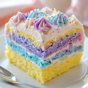 Rainbow Unicorn Poke Cake topped with colorful frosting and sprinkles