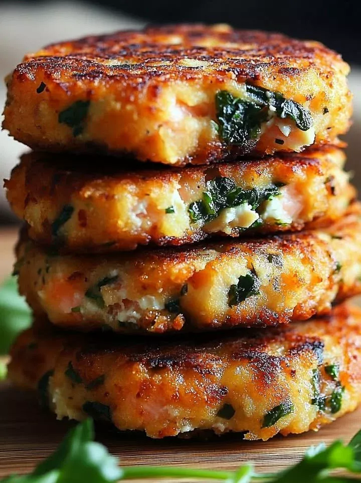 Salmon cakes with spinach and feta on a plate, garnished with herbs.