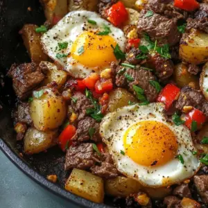 Delicious savory steak and potato hash served on a plate