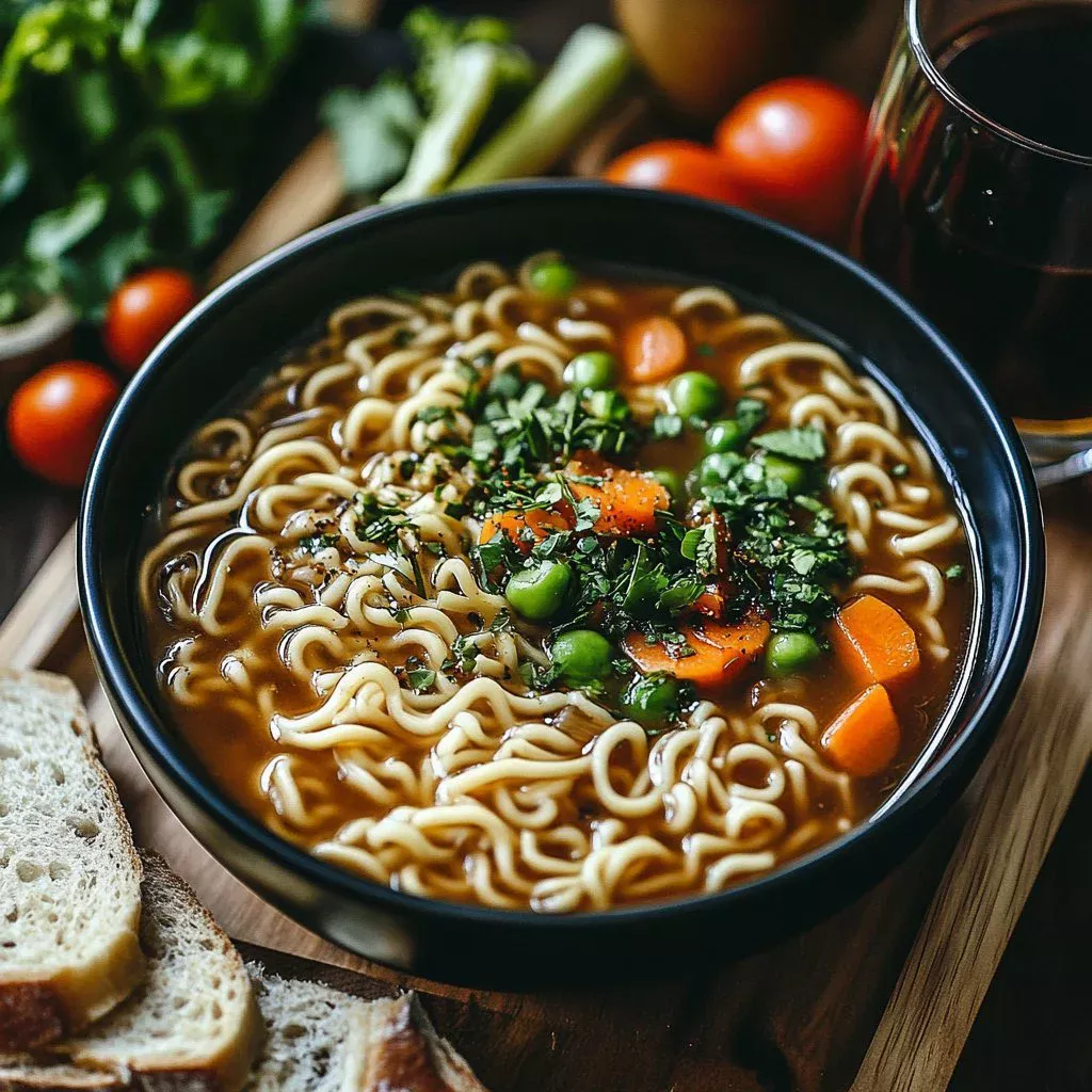 Bowl of simple saucy ramen noodles garnished with vegetables