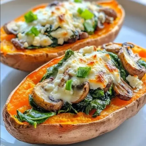 Delicious spinach mushroom feta stuffed sweet potatoes on a plate.