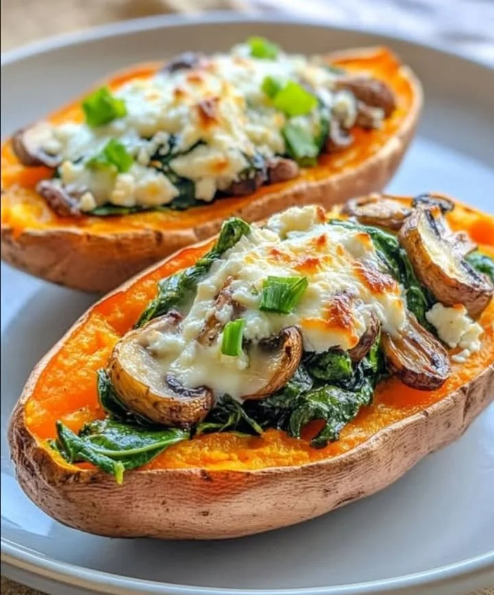 Delicious spinach mushroom feta stuffed sweet potatoes on a plate.