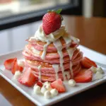 Strawberry cream protein pancakes stacked on a plate with fresh strawberries.