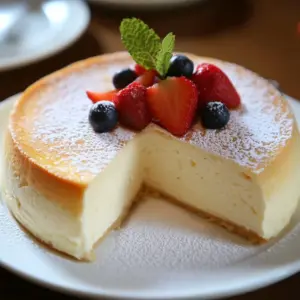 Fluffy and airy Japanese cheesecake slice on a plate