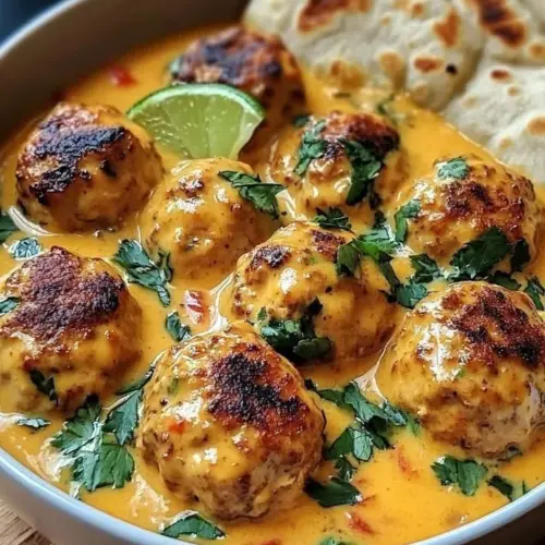 Aromatic Thai Coconut Chicken Curry Meatballs served in a bowl