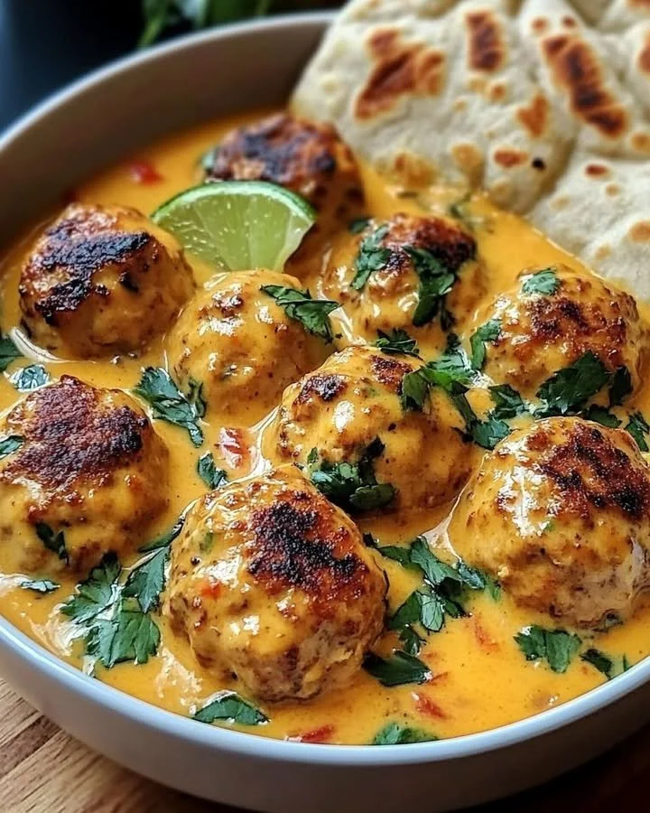 Aromatic Thai Coconut Chicken Curry Meatballs served in a bowl