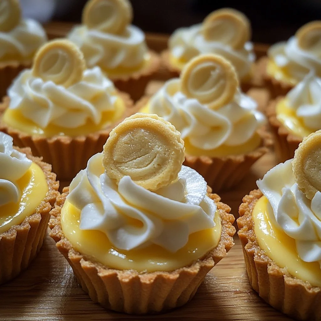 Mini banana cream pies baked in muffin tins, featuring a creamy filling and banana slices.