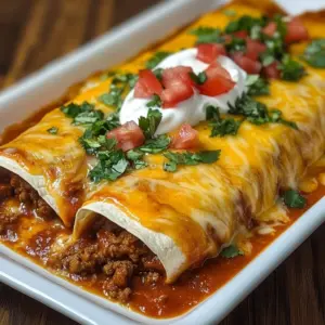 Delicious beef and cheese enchiladas served with rich sauce and toppings