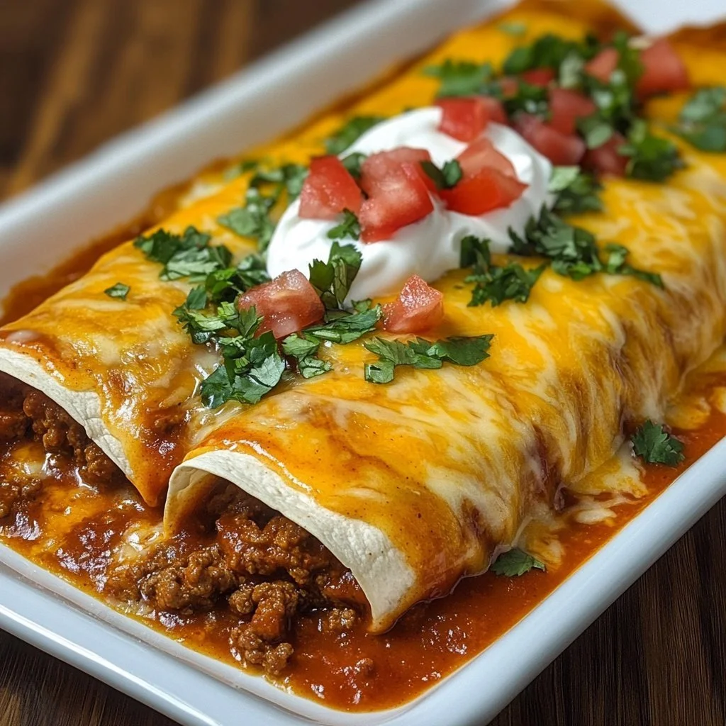 Delicious beef and cheese enchiladas served with rich sauce and toppings