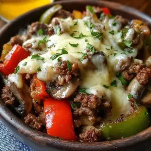 Beef Philly cheesesteak bowl topped with melted cheese and fresh vegetables